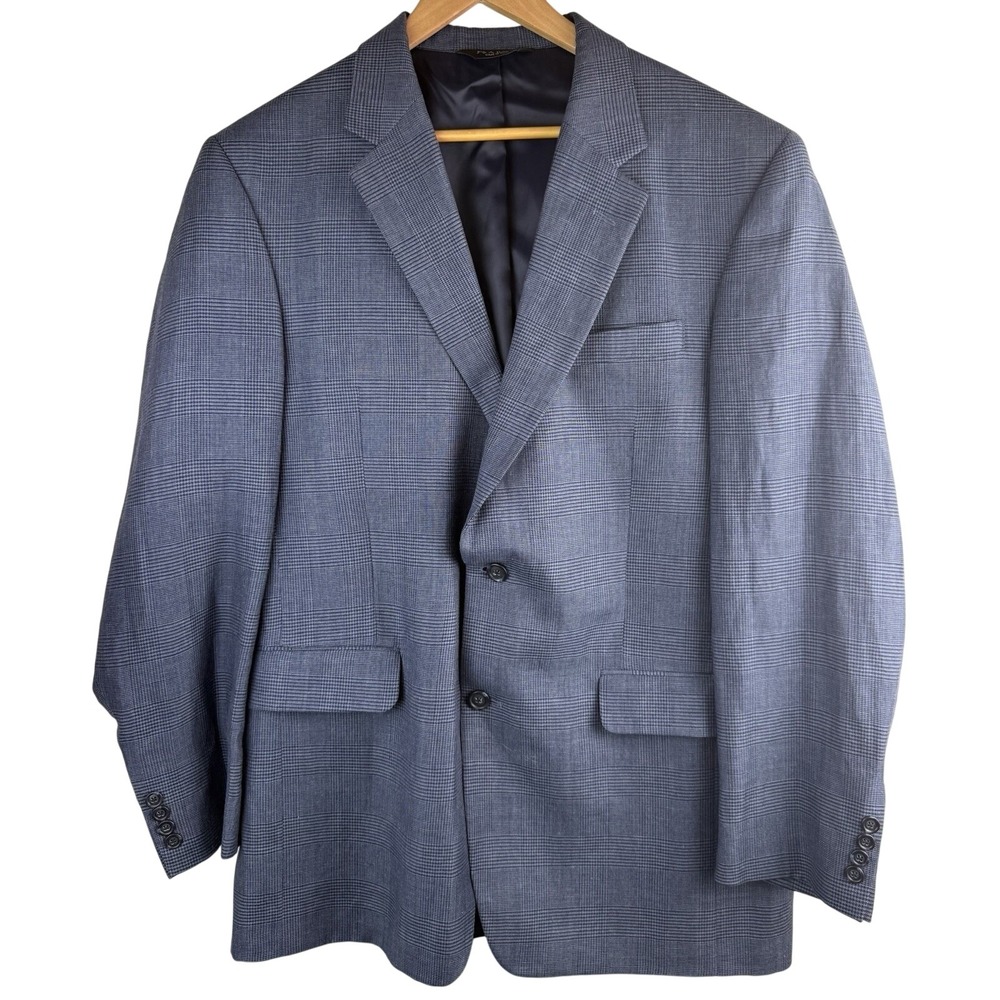 Jos. A. Bank Blazer Blue Plaid‎ Sport Coat Jacket Wool Linen Blend 2 Button 42L